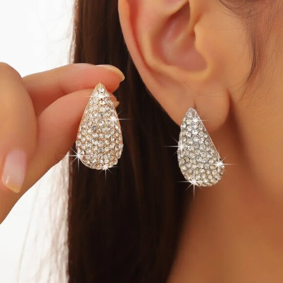 3/$35 Gold Tone Pave Rhinestone Crystal Drop Hoop Earrings Statement Sparkle - Picture 1 of 6